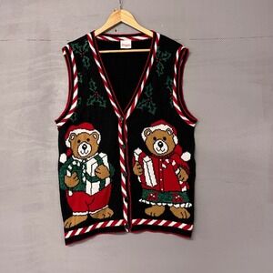 Holiday Time Mens Black Christmas Vest Ugly Sweater Style Two Bears Gift Giving